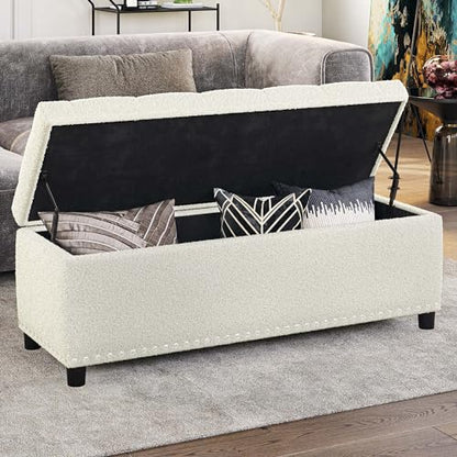 BELLEZE Storage Ottoman, Tufted Ottoman with Close Hinge, Foot Rest for Living Room (White, 47 inch) - color: White