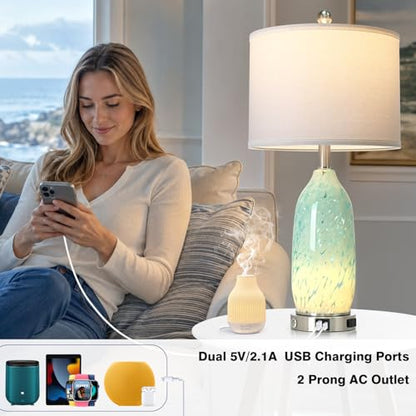 Rinweey 26" Bule Glass Table Lamps Set of 2,Nautical lamp with USB A+C Ports & AC Outlet,Coastal Bedside Lamps with 3-Way Dimmable Touch Control Night Light for Bedroom Living Room,Sky Blue - color: Sky Blue