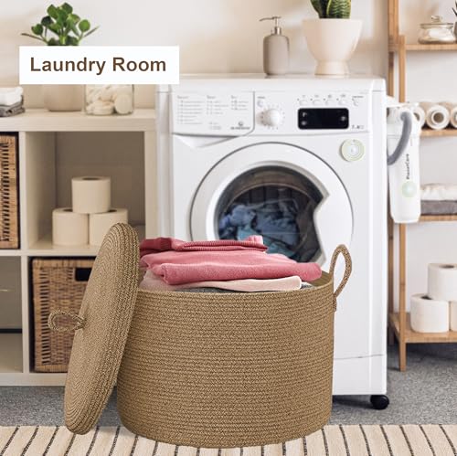 XXXXL Extra Large blanket basket with lid 21"x21"x18" blanket storage for living room,Large woven storage basket round laundry basket rope basket 115L (Jute) - color: Jute