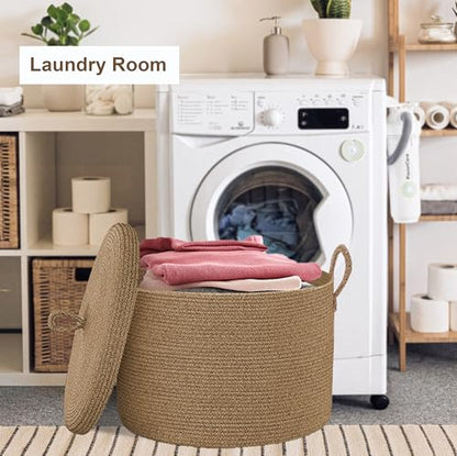 XXXXL Extra Large blanket basket with lid 21"x21"x18" blanket storage for living room,Large woven storage basket round laundry basket rope basket 115L (Jute) - color: Jute