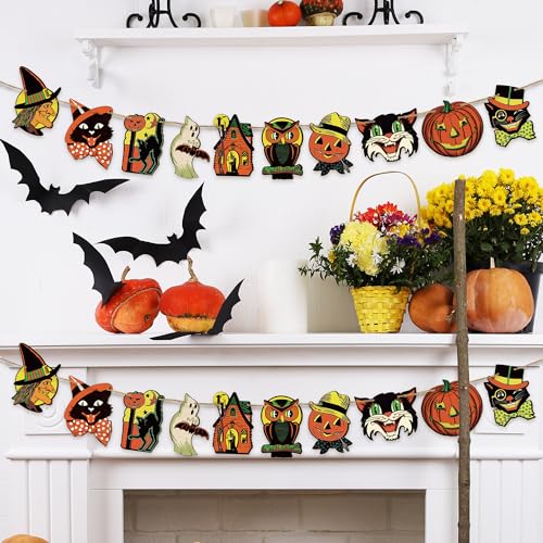 L1rabe Vintage Halloween Hanging Banners - Retro Wooden Hanging Ornaments