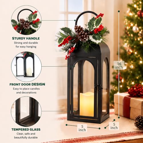 Bdor 16 Inch Black Metal Christmas Lantern with Remote LED Candle and Timer