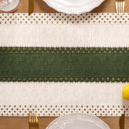 Boho Macrame Table Runner Ivory Olive Burlap Small Dresser Runner - color: Olive and White, size: 12" × 72"