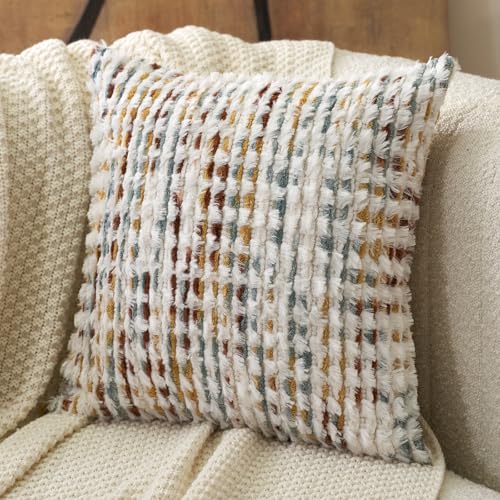 Aeckself Boho Chenille Tufted Pillow Cover 24 x 24 Inch, Decorative Square Big Throw Pillow Cover Neutral Pillowcase for Couch Bedroom Living Room, Orange White - color: Orange White, size: 24" x 24" (Pack of 1)