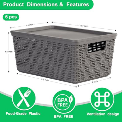 6 Pack Plastic Storage Baskets with Lid,Grey Stackable Bins - color: Grey