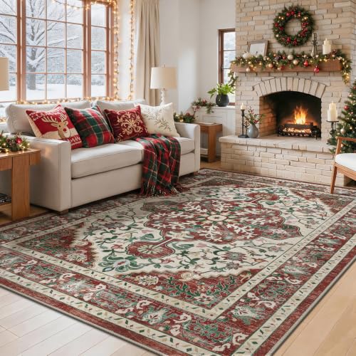 U'Artlines Red Christmas Area Rug 6x9 Boho Washable Soft Holiday Carpet - color: Christmas Red, size: 6' x 9' (Rectangular)