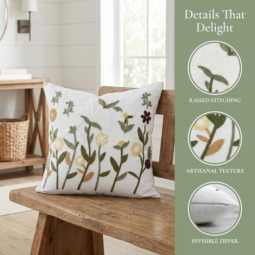 Neutral Daisy Floral Embroidered Pillow Covers 18x18 Set of 2 - color: White Green Camel, size: 18" x 18" (Pack of 2)