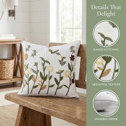 Neutral Daisy Floral Embroidered Pillow Covers 20x20 Set of 2 - color: White Green Camel, size: 20" x 20" (Pack of 2)