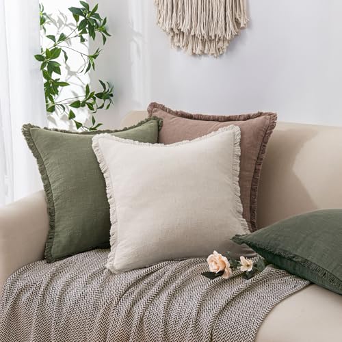Linen Fringe Pillow Covers 18x18 Inch Set of 2,Light Olive Green - color: Light Olive Green, size: 18" x 18" (Pack of 2)