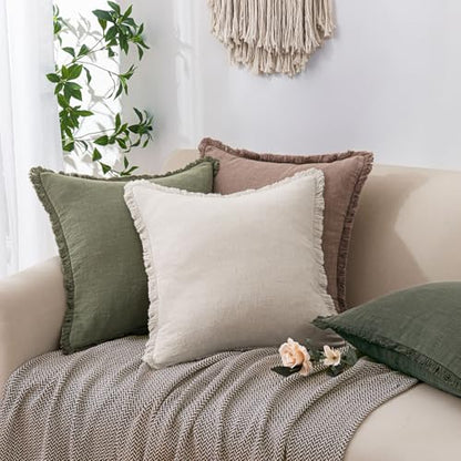 Linen Fringe Pillow Covers 18x18 Inch Set of 2,Light Olive Green - color: Light Olive Green, size: 18" x 18" (Pack of 2)