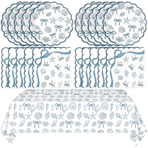 40PCS Seashell Birthday Party Decorations Blue Bow Beach Style Tableware Kit Include Starfish Coral Disposable Paper Plates and Napkins,Tablecloth Set for The Summer I Turned Pretty Party Decor - color: Ocean Seashell Party