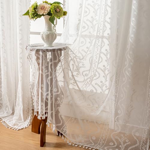 WAZZIO White Boho Lace Curtains 84 Inch -Cute Vintage Victorian Sheer Panel Drape French Country Floral Pattern & Tassel Light Filtering Privacy for Bedroom Dining Living Room,2 Panels,W52 x 84L - color: Pure White, size: 52"W x 84"L (Pack of 2)