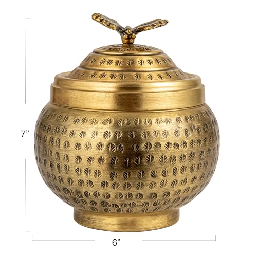 Creative Co-Op Round Hammered Metal Container with Butterfly Finial, Brass Finish - size: 6 inches (Diameter) x 7 inches (Height), style: Cottage