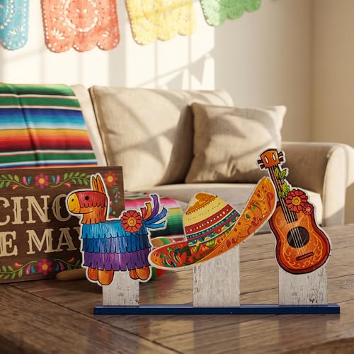 Smile Cinco De Mayo Standing Wooden Decor Set, 3-Piece Mexican Fiesta Wooden Cutouts (Sombrero, Guitar, Piñata) for Tabletop & Party Display - style: De Mayo