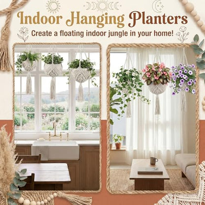 3 Sets Macrame Plant Hanger Kit Crochet Plant Hangers with Lights and Hooks