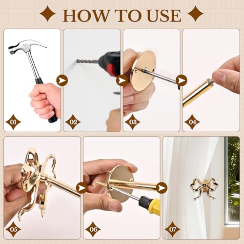 2 Pack Gold Bow Curtain Holdbacks, Solid Metal Wall Mounted Curtain Tiebacks Decorative Drapery Hooks for Living Room Bedroom Office Home