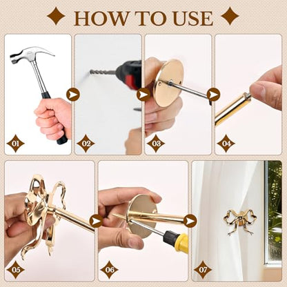 2 Pack Gold Bow Curtain Holdbacks, Solid Metal Wall Mounted Curtain Tiebacks Decorative Drapery Hooks for Living Room Bedroom Office Home