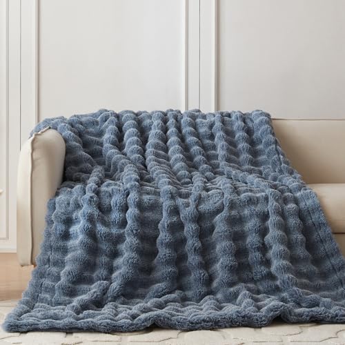 COOVA Soft Bubble Faux Fur Throw Blanket, 60"x80", Cationic Dark Blue - color: Cationic Dark Blue, size: 60“x80”