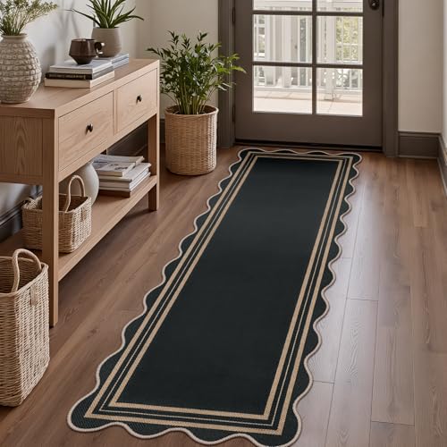 Scalloped 2x6 Kitchen Runner Rug, Washable Rugs for Entryway Non Slip Outdoor Indoor Black Hallway Rug, Farmhouse Modern Carpet for Entry Bedroom Laundry - color: Black Geometric, size: 2'x6' (Runner)