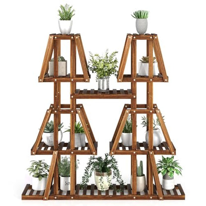 GIANTEX Plant Stand Indoor, 5-Tier Wooden Trapezoid Plant Holder Rack for Multiple Plants, Carbonized Pine Wood, Indoor Outdoor Flowerpot Holder Display Shelf for Living Room Balcony Patio Porch