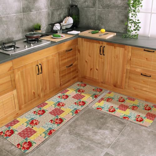 Boho Floral Kitchen Mats Set of 2 Non Slip Bohemia Flowers Kitchen Rugs Farmhouse Home Decor Low-Profile Washable Floor Mat 17x47 Inch and 17x29 Inch - color: Boho Kitchen Mat-06, size: 17x47 inch and 17x29 inch