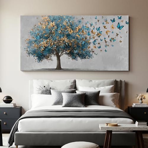 YISXINOAG Blue Gold Tree of Life Wall Art Butterfly Landscape Print 29"X58" - color: grey green, size: 58"L x 29"W