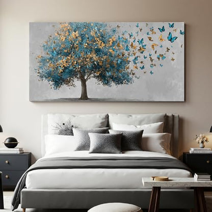 YISXINOAG Blue Gold Tree of Life Wall Art Butterfly Landscape Print 29"X58" - color: grey green, size: 58"L x 29"W