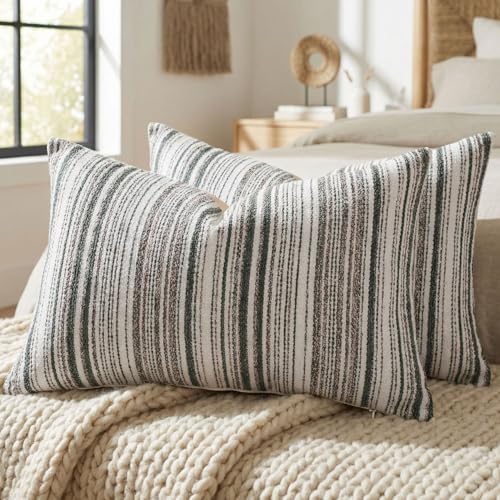 Set of 2 Striped Chenille Throw Pillow Covers 12x20 Inches Premium Plush Textured Decorative Cushion Covers Reinforced Hidden Zipper Mid-Century Modern Farmhouse Decor for Couch Sofa Green - color: Green, size: 20" x 12" (Pack of 2)