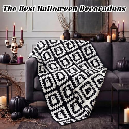 Halloween Ghost Granny Square Blanket Reversible Boo Knit Throw Blankets - color: Black and White, style: Halloween Ghosts