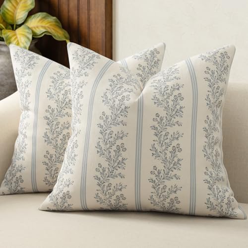 Vintage Throw Pillow Covers 18x18 Set of 2, Striped Floral Pillow Cover Botanical Patterned Decorative Cushion Covers Modern Farmhouse Home Decor for Sofa Couch Bed Living Room, Light Blue - color: Light Blue, size: 18" x 18" (Pack of 2)