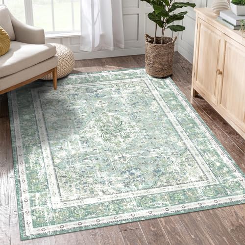 Vhong Boho Area Rugs Washable Vintage Modern Neutral Small Carpet Sage Green 3×5 High Traffic Rugs for Dinning Room Living Room Bedroom Farmhouse Non Slip - color: Sage Green, size: 3' x 5' (Rectangular)