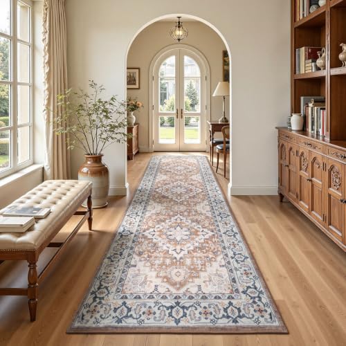 Lofus 3x10 Hallway Kitchen Washable Runner Rug, Entry Long Carpet Brown - color: Floral Brown, size: 3' x 10' (Runner)