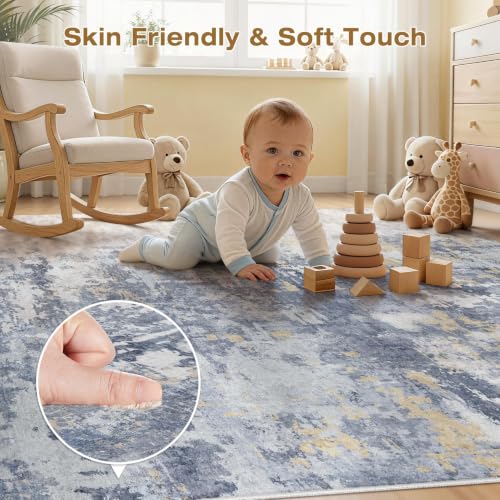 cotiled 10x14 Area Rugs Living Room: Washable Abstract Rug Blue Gold - color: Blue/Gold, size: 10' x 14' (Rectangular)