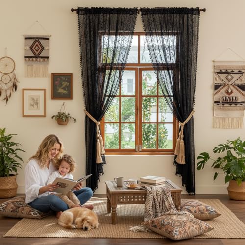 WAZZIO Boho Sheer Curtains 2 Panels,Victorian Lace Drapes,Black,W52 x L63 - color: Black, size: 52"W x 63"L (Pack of 2)