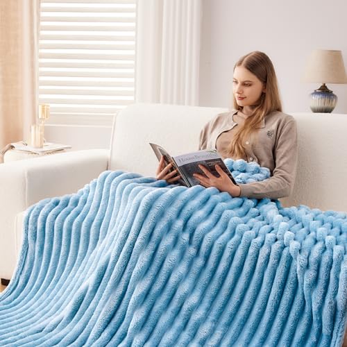 NEWCOSPLAY Fleece Ribbed Cozy Throw Blanket for Couch, Blue, 50"x60" - color: Blue Ribbed, size: Throw(50"x60")
