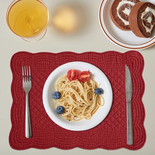HOMBYS Quilted Placemats Set of 6 Washable-13x18 inches Rectangular Placemats for Kitchen Table-100% Cotton fabric cover and 100% polyester fiber filling Rectangular Table Mats-Cotton (18"x13", Red) - color: Red