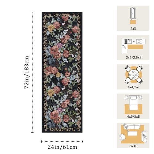 Washable 2x6 Runner Rug, Navy Boho Floral Non-Slip for Hallway, Kitchen - color: Dark Navy, Dusty Rose, Mustard and Blue Grey, size: 2' x 6' (Rectangular)