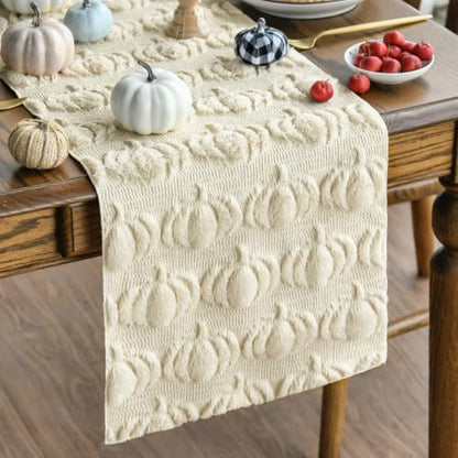 Artoid Mode Beige Soft Faux Fur Pumpkins Fall Table Runner 13x108 Inch - color: Beige, size: 13" x 108", Table Runner