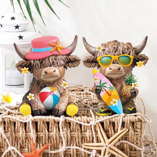Karenhi 2 Pcs Highland Cow Figurines Summer Decor, Beach Tabletop Statues - style: Summer