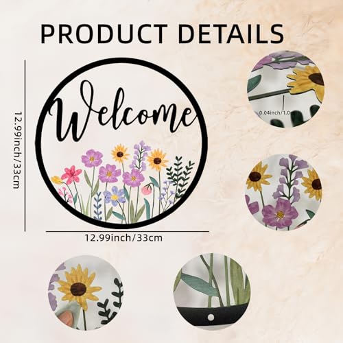 Wildflower Welcome Sign Floral Metal Wall Art Welcome Door Decor Round Hanging Wall Sign Flower Design Farmhouse Front Door Porch Decoration (colorful) - color: colorful01