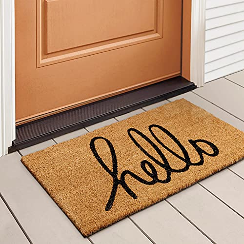 LuxUrux Hello Door Mat Outdoor Coco Coir Doormat, with Heavy-Duty PVC Backing - Natural - Perfect Color/Sizing for Outdoor/Indoor uses. (17 x 30, Script Hello) - color: Walnut, size: 17'' x 30''