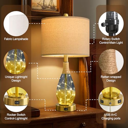 OYEARS 23" Table Lamps for Living Room Set of 2,Bedside Lamps for Night Stands, Rattan Lamps for Bedroom,Farmhouse Lamps with Glass Nightlight,Two Light Points - color: Yellow Blue