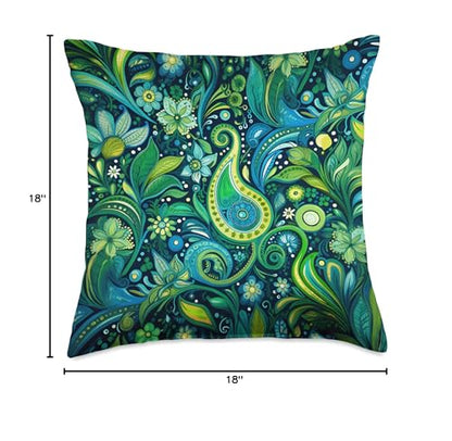 Green Blue Paisley Floral Leaf Pattern Throw Pillow - size: 18x18