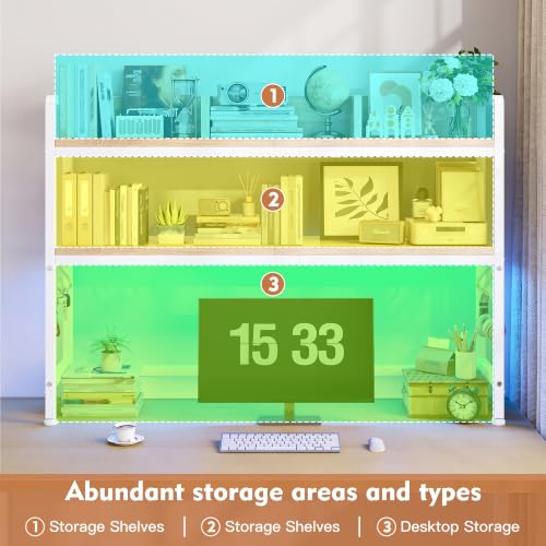 REIBII 2-Tier Desk Shelf, LED, Bedroom and Home Office, White - color: White, size: 7.8"D x 45.2"W x 38.7"H
