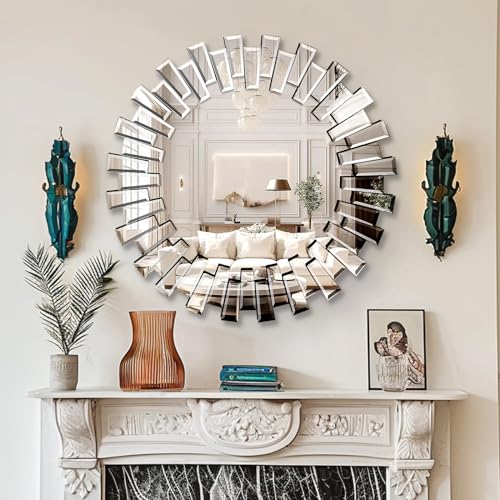 QDSSDECO 32" x32" Round Sunburst Wall Mirror, Frameless Beveled Edge - color: Round, size: 32"L x 32"W