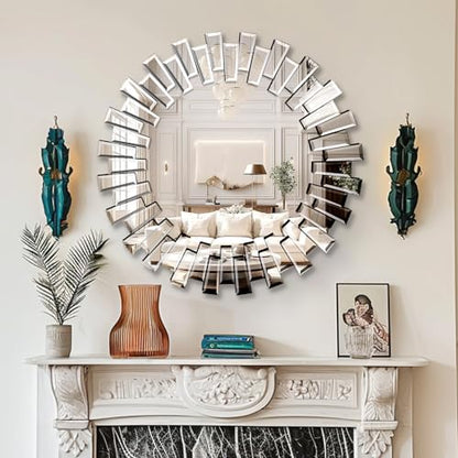 QDSSDECO 32" x32" Round Sunburst Wall Mirror, Frameless Beveled Edge - color: Round, size: 32"L x 32"W