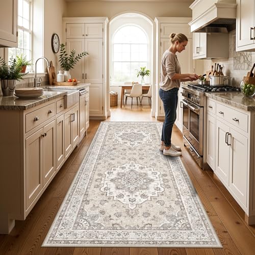 Washable 3x8 Hallway Runner Rug: Non-Slip Stain Resistant Rugs for Hallway Low Pile Ultra Thin Soft Kitchen Dining Room Carpet Indoor Durable Bedroom Floor Mat for Family with Kids & Pets (3x8,Beige) - color: Cream Beige, size: 3' x 8' (Rectangular)