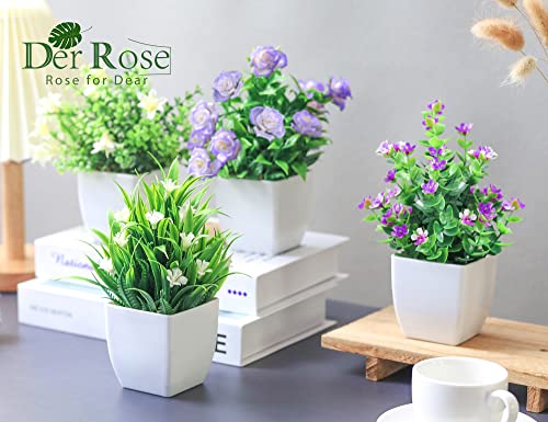 Der Rose 4 Pack Small Fake Plants with Flowers, Spring Home Bathroom Decor - color: White