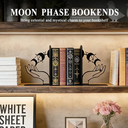 Metal Moon Phases Bookends Heavy Duty Gothic Book Ends for Bookshelf