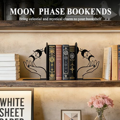 Metal Moon Phases Bookends Heavy Duty Gothic Book Ends for Bookshelf